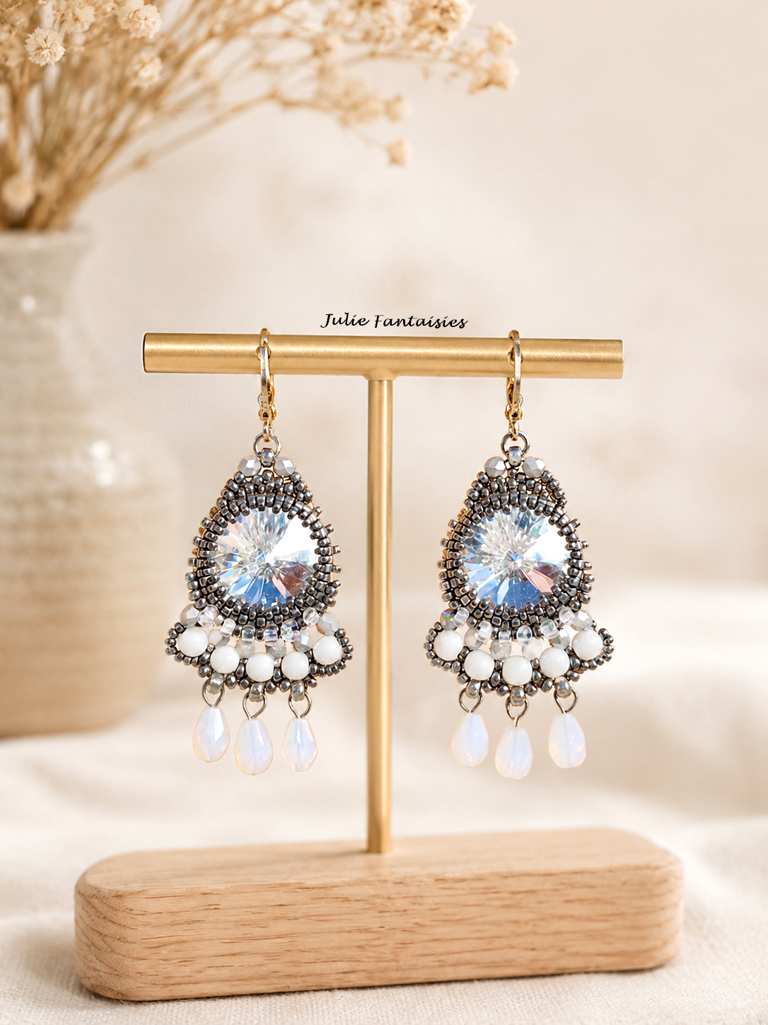 Boucles d'oreilles Cascade argent et gris perles miyuki julie fantaisies badges