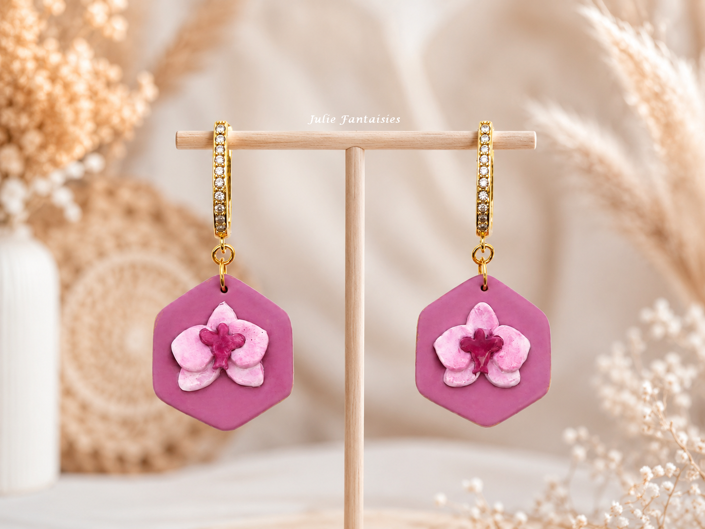 Boucles d'oreilles orchidées bohème Boucles d'oreilles fait main en pâte polymère Boucles d'oreilles orchidées rose julie fantaisies